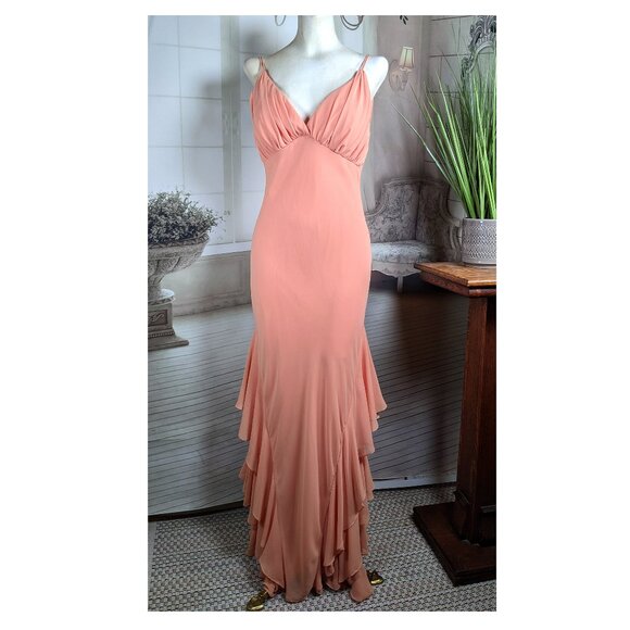 Cachet Lovely Pink Peach Chiffon Ruffle Evening Dress Long Gown sz 8 V-Neck - Picture 1 of 10